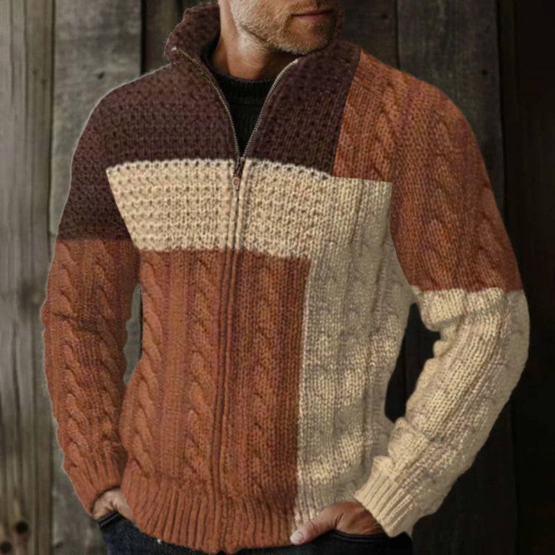 Men's Vintage Fairman Island Patchwork Pattern Zip Sweater elevenforest
