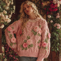 Women's Vintage Pink Rose Embroidery Art Chunky Knit Warm Crew Neck Sweater artswardrobe