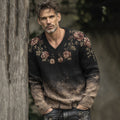 Men's Retro Floral Art Jacquard Thick Warm V Neck Sweater artswardrobe