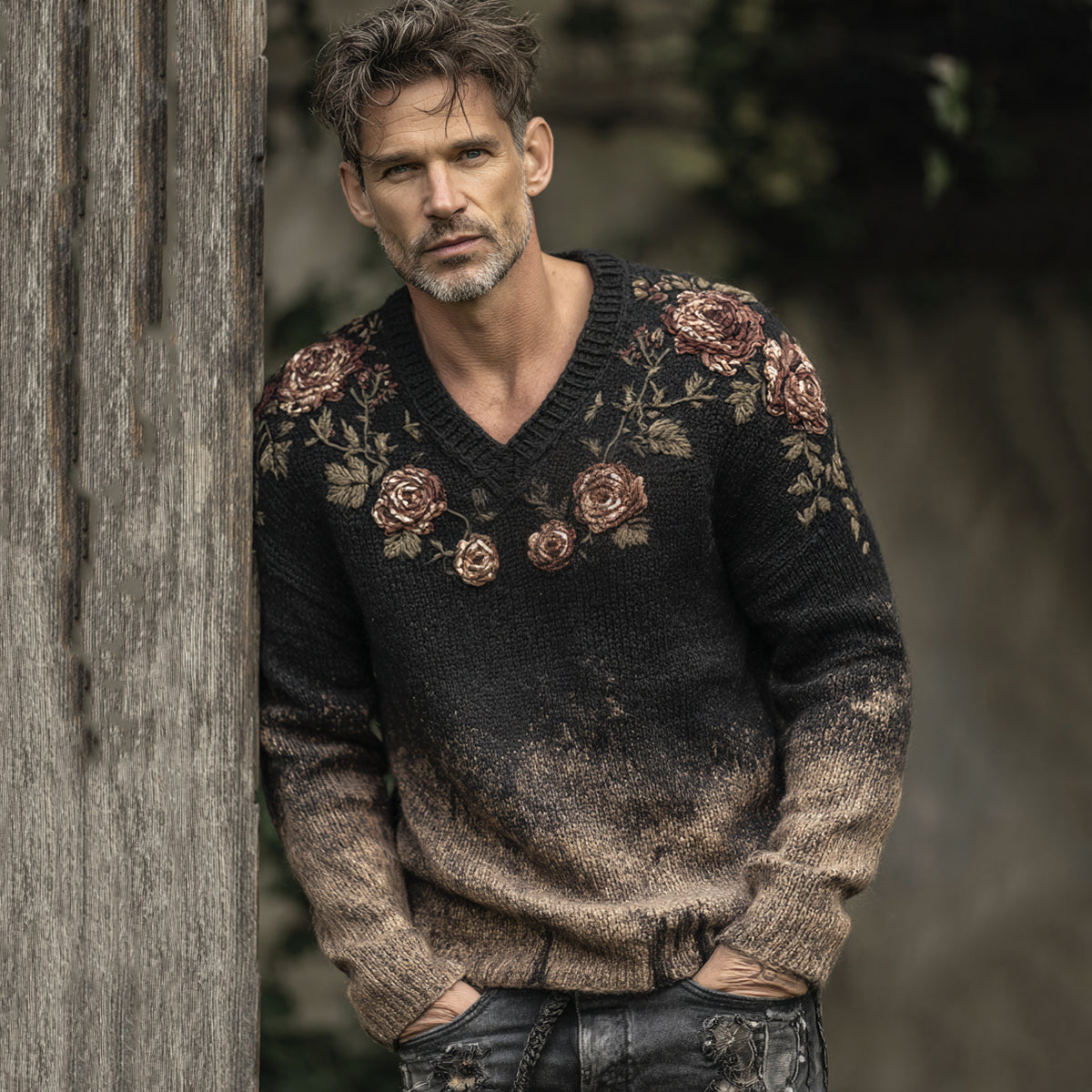 Men's Retro Floral Art Jacquard Thick Warm V Neck Sweater elevenforest