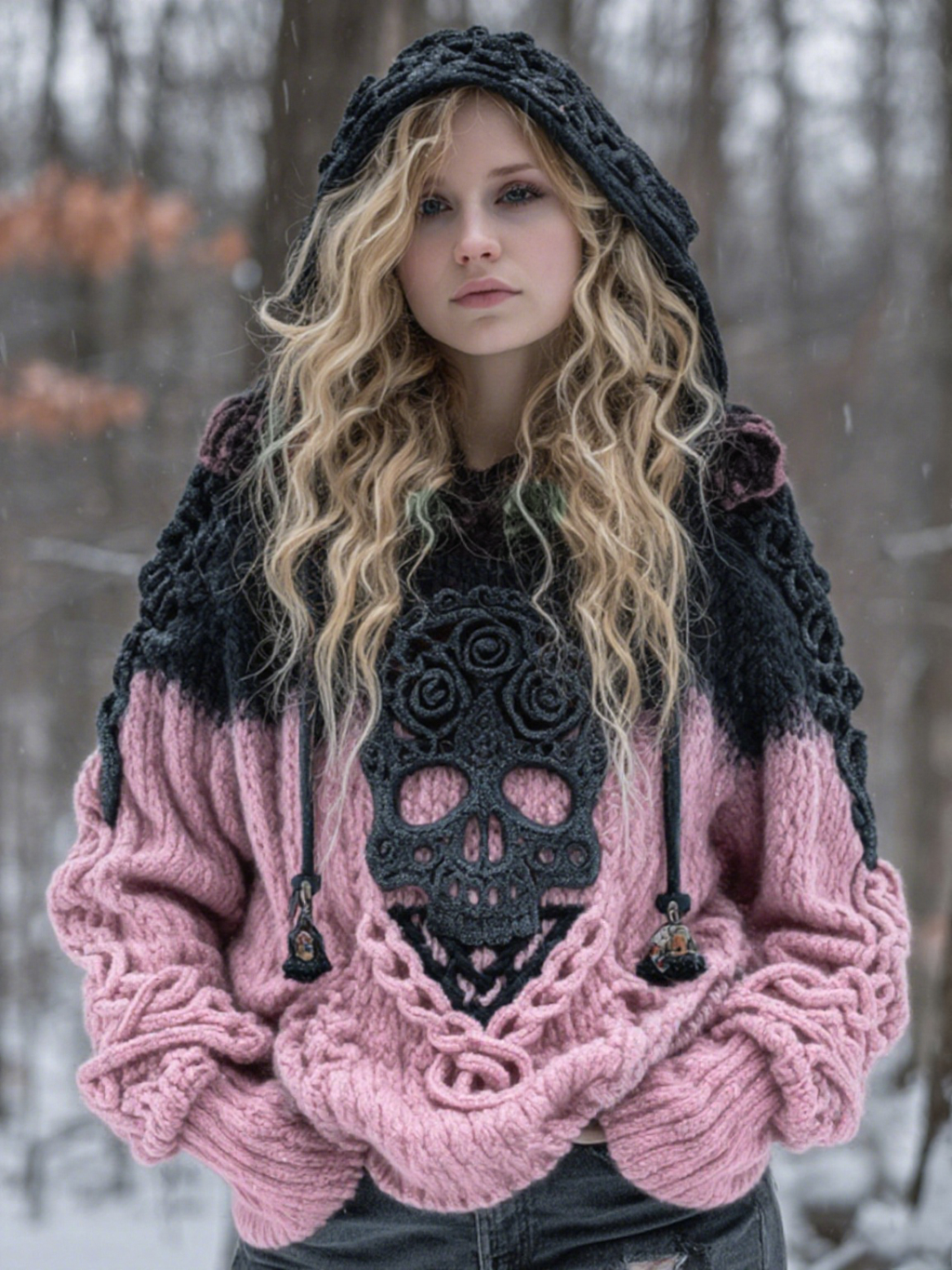 Women's Vintage Viking Tribal Celtic Skull Gradient Art Chunky Knit Hooded Sweater artswardrobe