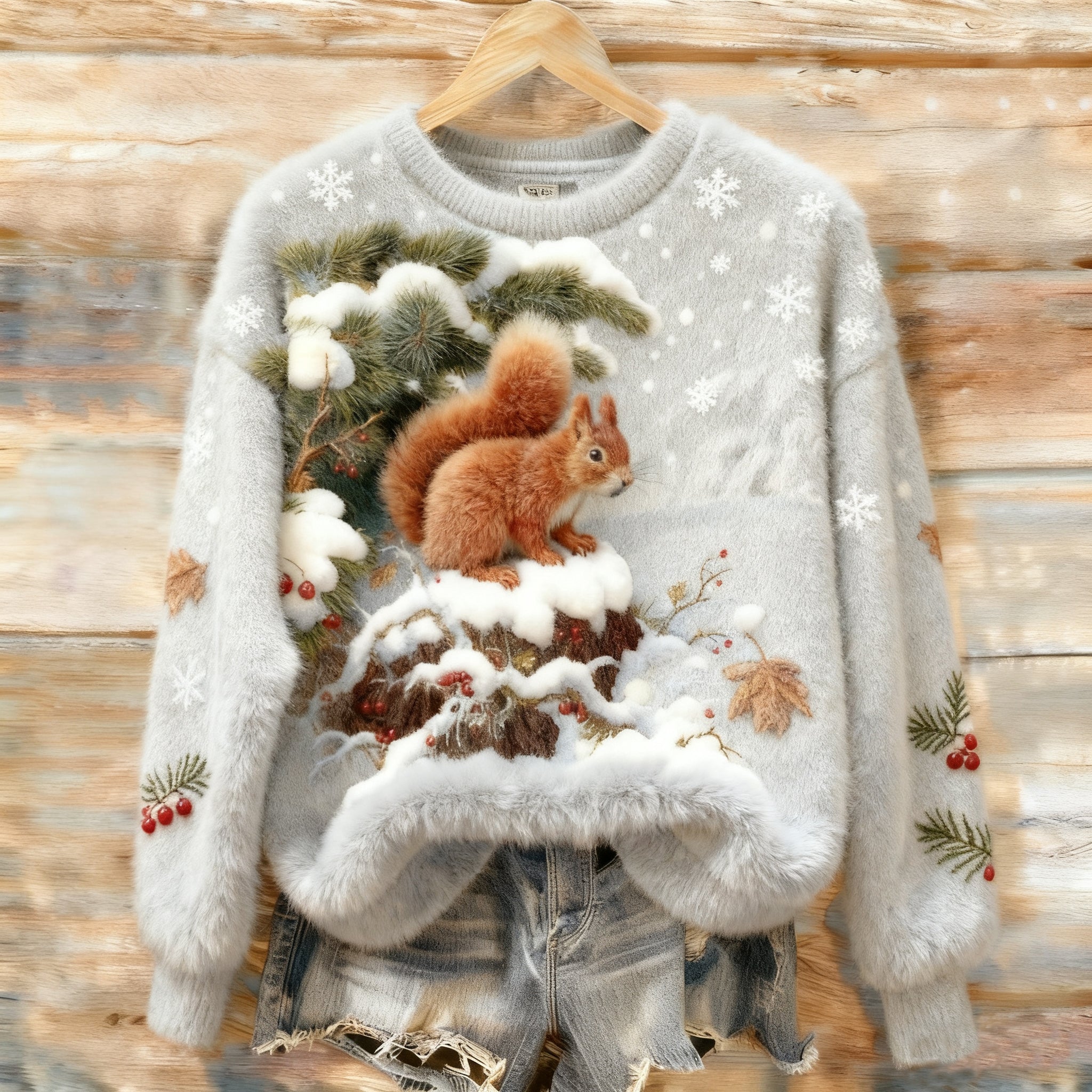 Comstylish Vintage Christmas Squirrel Snow Scene Art Women's Cozy Plush Sweater