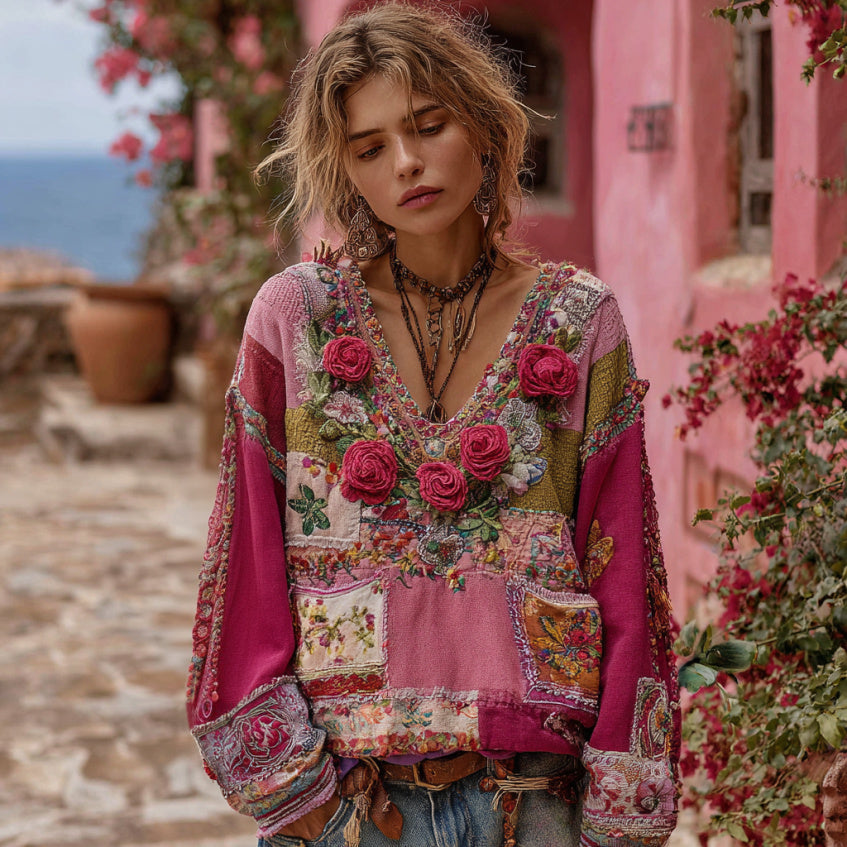 Women's Vintage Bohemian Rose And Floral Embroidery Art Cozy Knitted V Neck Sweater artswardrobe