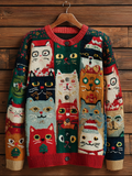 Comstylish Christmas Fun Cat Lady Round Neck Knitted Sweater Coat