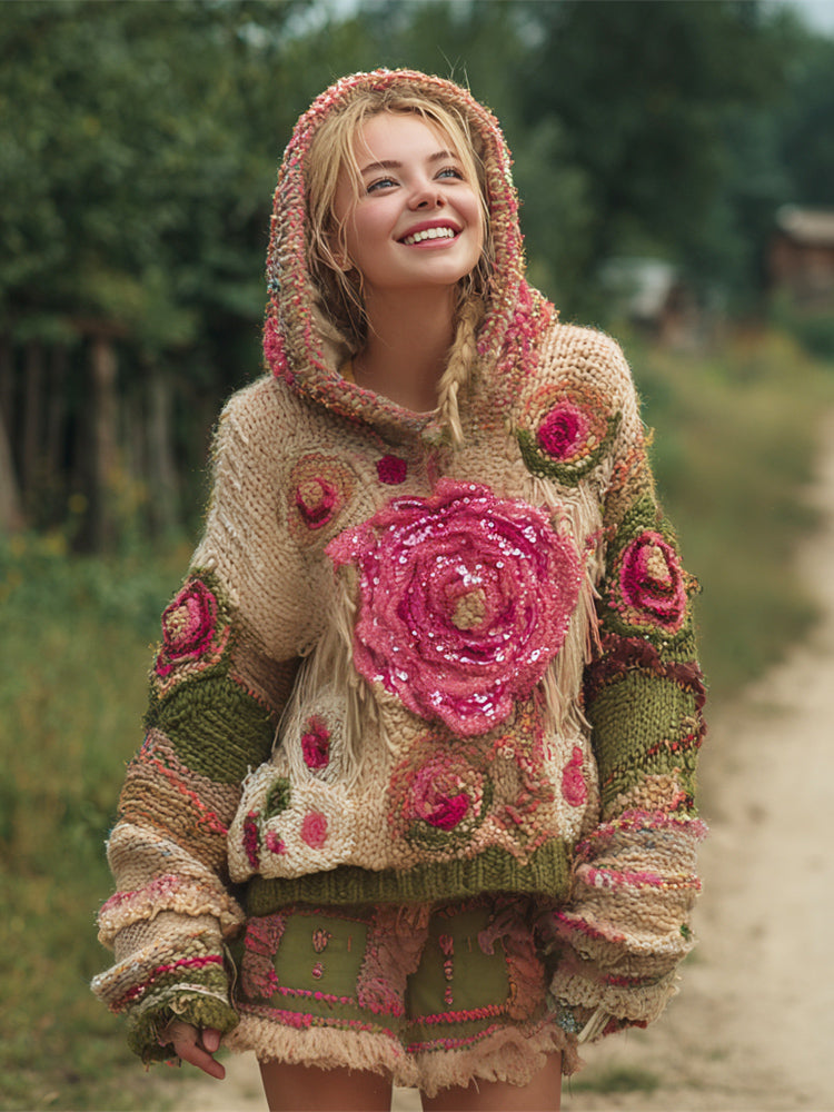 Comstylish Boho Vintage Floral Women's Knit Hooded Sweater