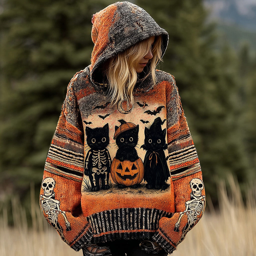 Halloween Funny Black Cat Jacquard Knitted Hooded Sweater elevenforest
