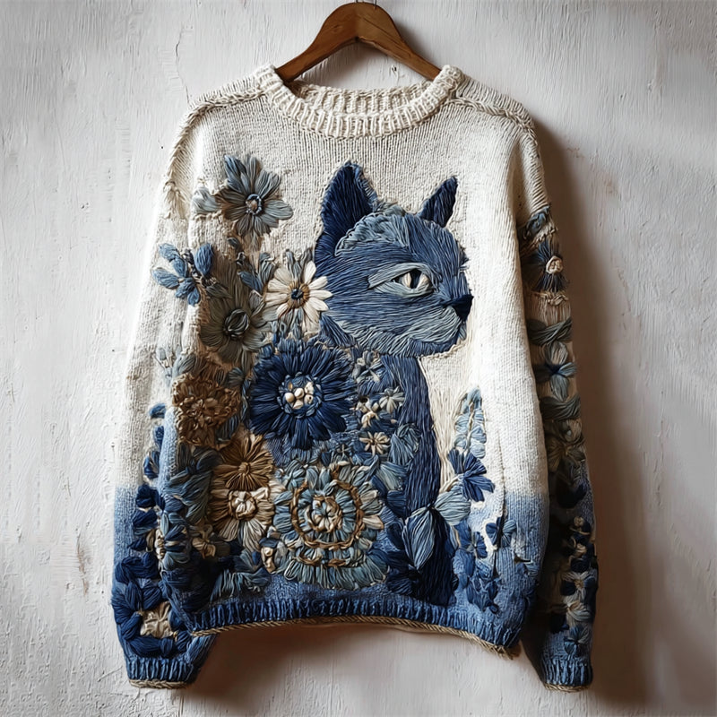 Vintage Cat Floral Embroidered Gradient Cozy Knit Sweater artswardrobe