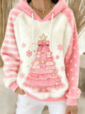 Christmas Tree Colorblock Art Women's Cozy Plush Hooded Sweater