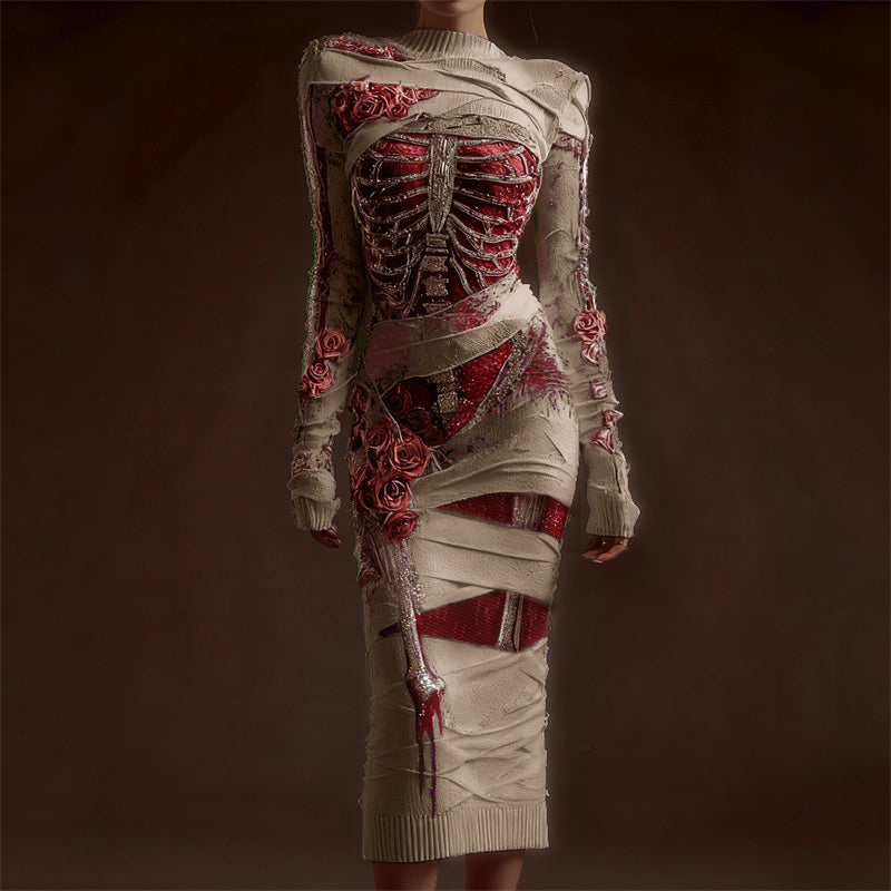 Comstylish Classy Skeleton Anatomy Bloody Roses Bandages Maxi Sweater Dress