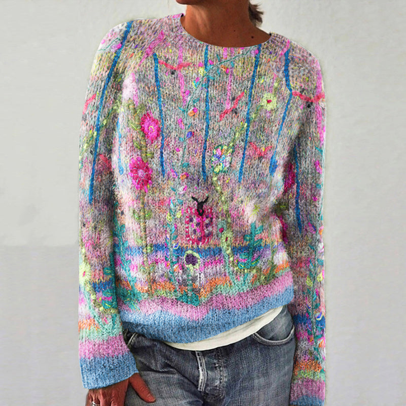 Vintage Floral Print Knitted Pullover Sweater artswardrobe
