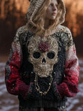 Comstylish Women's Vintage Skull Flower Bloodstain Thick Needle Hooded Sweater