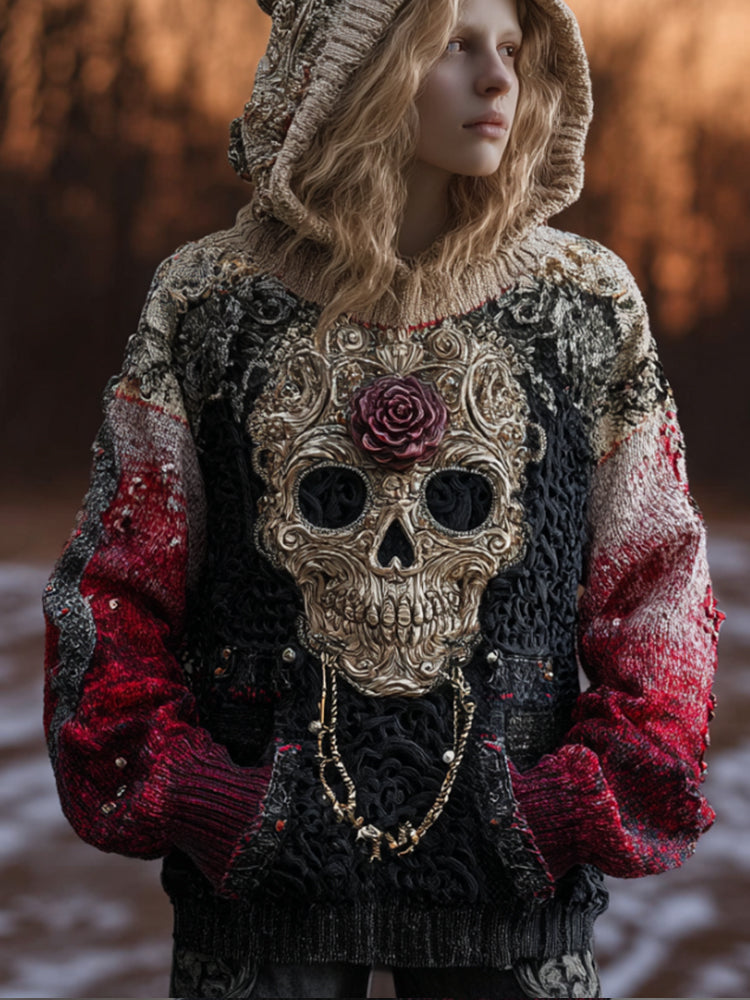 Comstylish Women's Vintage Skull Flower Bloodstain Thick Needle Hooded Sweater