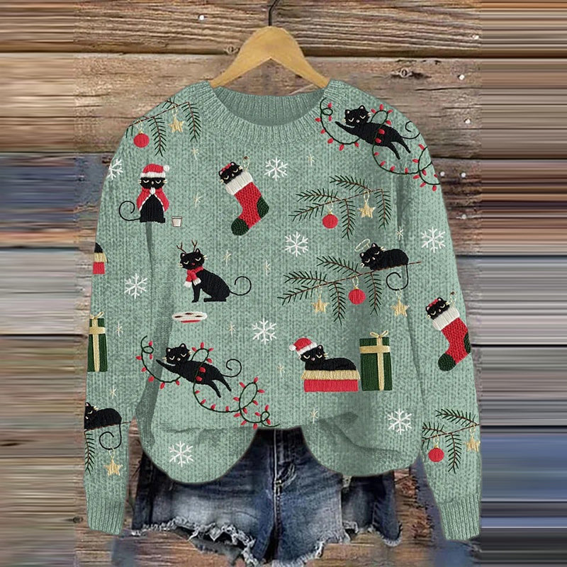 Women's Christmas Cats Knit Casual Sweater elevenforest
