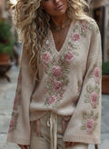 Comstylish Women's Vintage Rose Art Cozy Knit Sweater