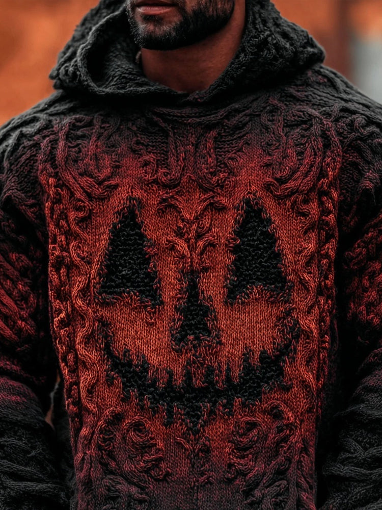 Men's Spooky Pumpkin Face Halloween Chunky Hooded Sweater elevenforest