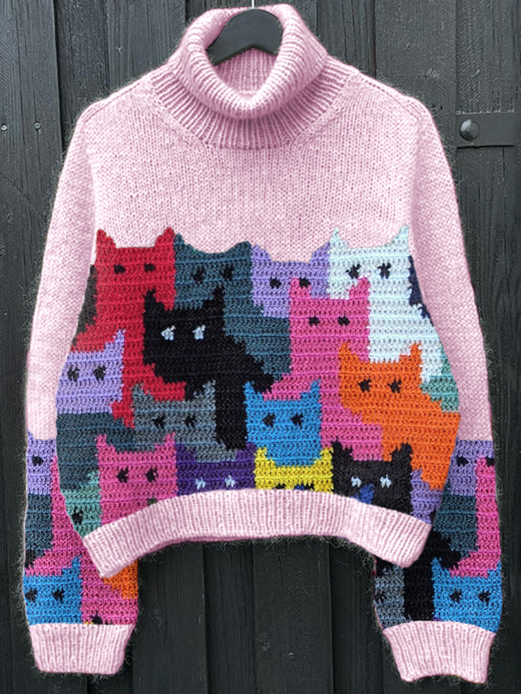 Colorful Cats Pattern Cozy Soft Knit Sweater artswardrobe