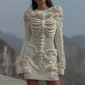 Comstylish Women's Vintage White Rose Skull Cozy Knit Mini Sweater Dress