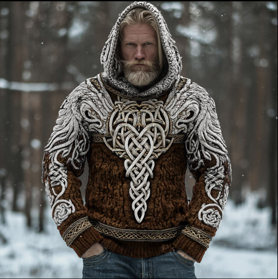 Men's Hooded Thick Sweater With Viking Style Tribal Totem And Wolf Totem Patterns artswardrobe