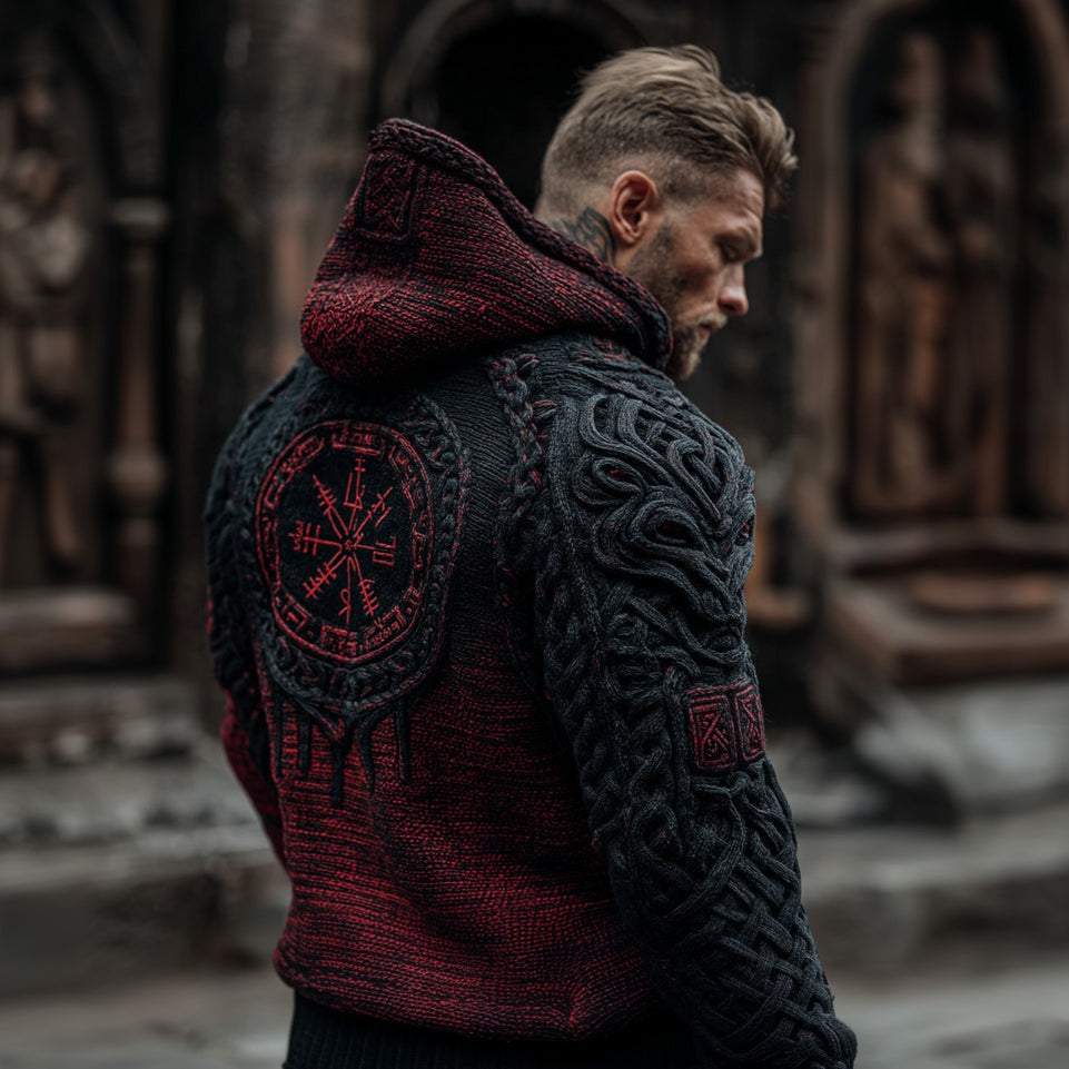 Men's Vegvisir Viking Celtic Runes Knit Gradient Jacquard Cozy Hooded Sweater artswardrobe