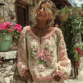 Women's Boho Floral Chunky Knit Small V-neck Sweater artswardrobe