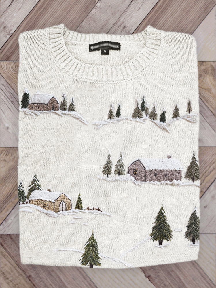Comstylish Snowy Christmas Cottage Landscape Cozy Knit Sweater