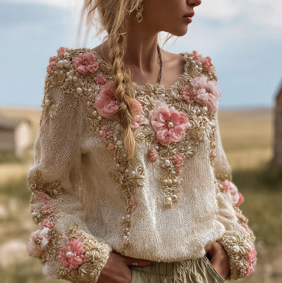 Bohemian Style Round Neck Long Sleeve 3d Floral Design Women's Sweater