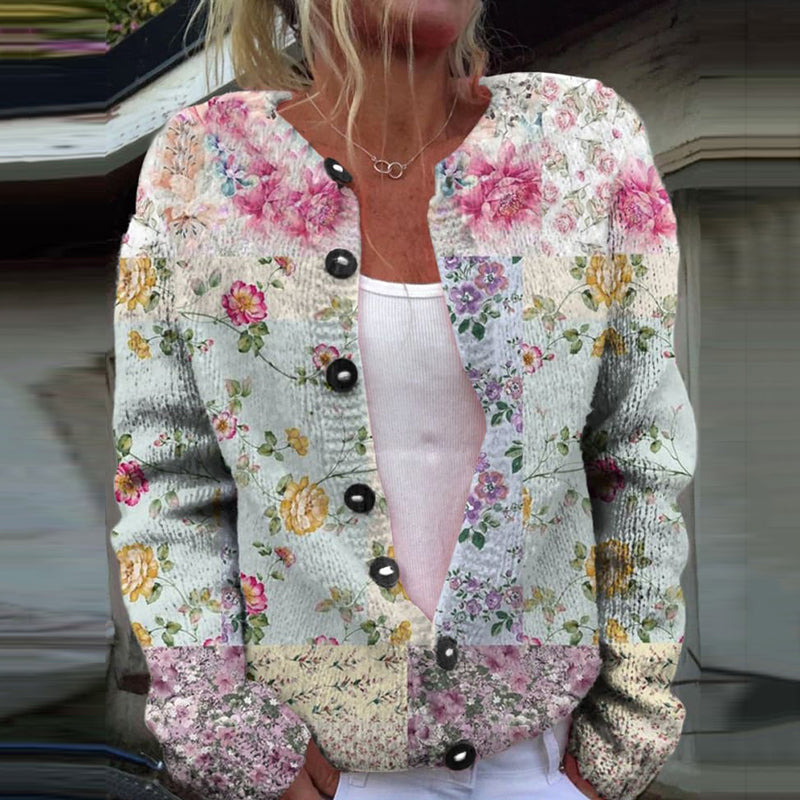 Tribal Lovely Floral Art Print Knit Button Sweater artswardrobe
