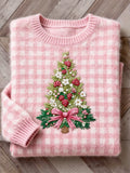 Cottage Berry Floral Christmas Tree Embroidered Check Cozy Sweater artswardrobe