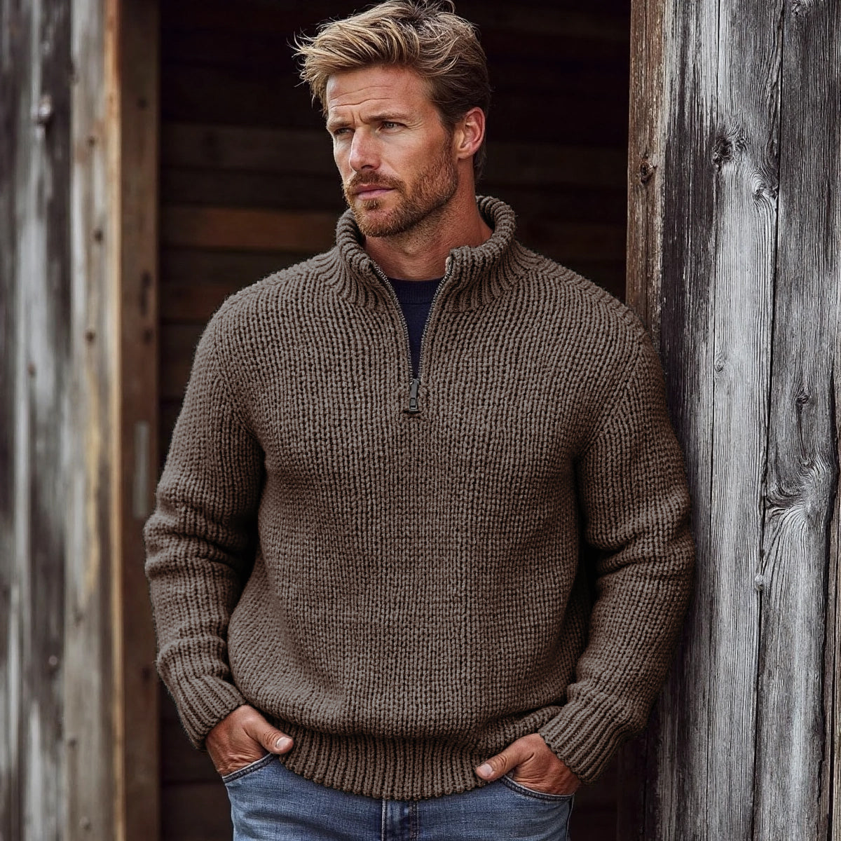 Men's Retro Solid Color Half Zip Collar Sweater artswardrobe