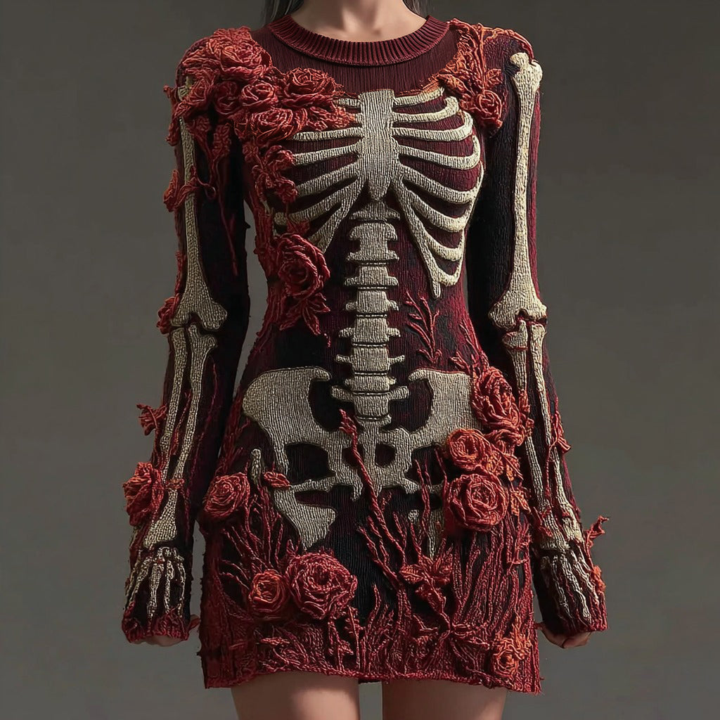 Comstylish Women's Vintage Skull Rose Comfortable Elegant Sweater Dress