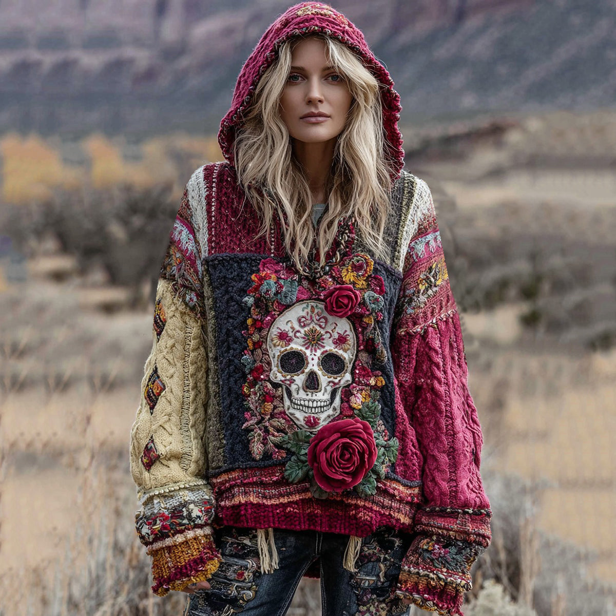 Comstylish Vintage Boho Floral And Skull Inspired Colorblock Design Cozy Knit Hooded Sweater