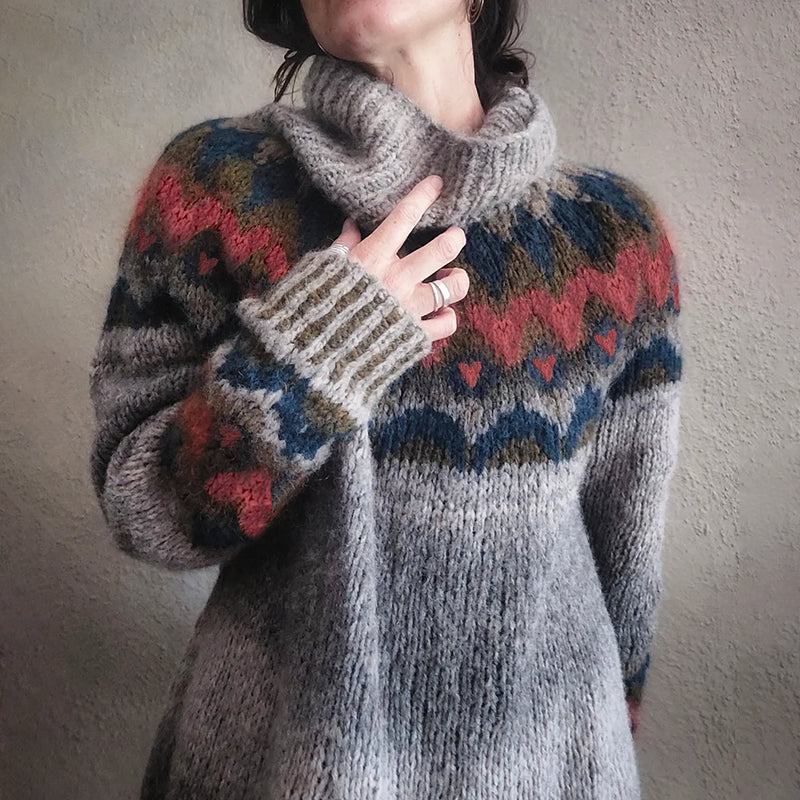 Women'S  Love Heart Graphic Jacquard Fairman Island Turtleneck Sweater artswardrobe