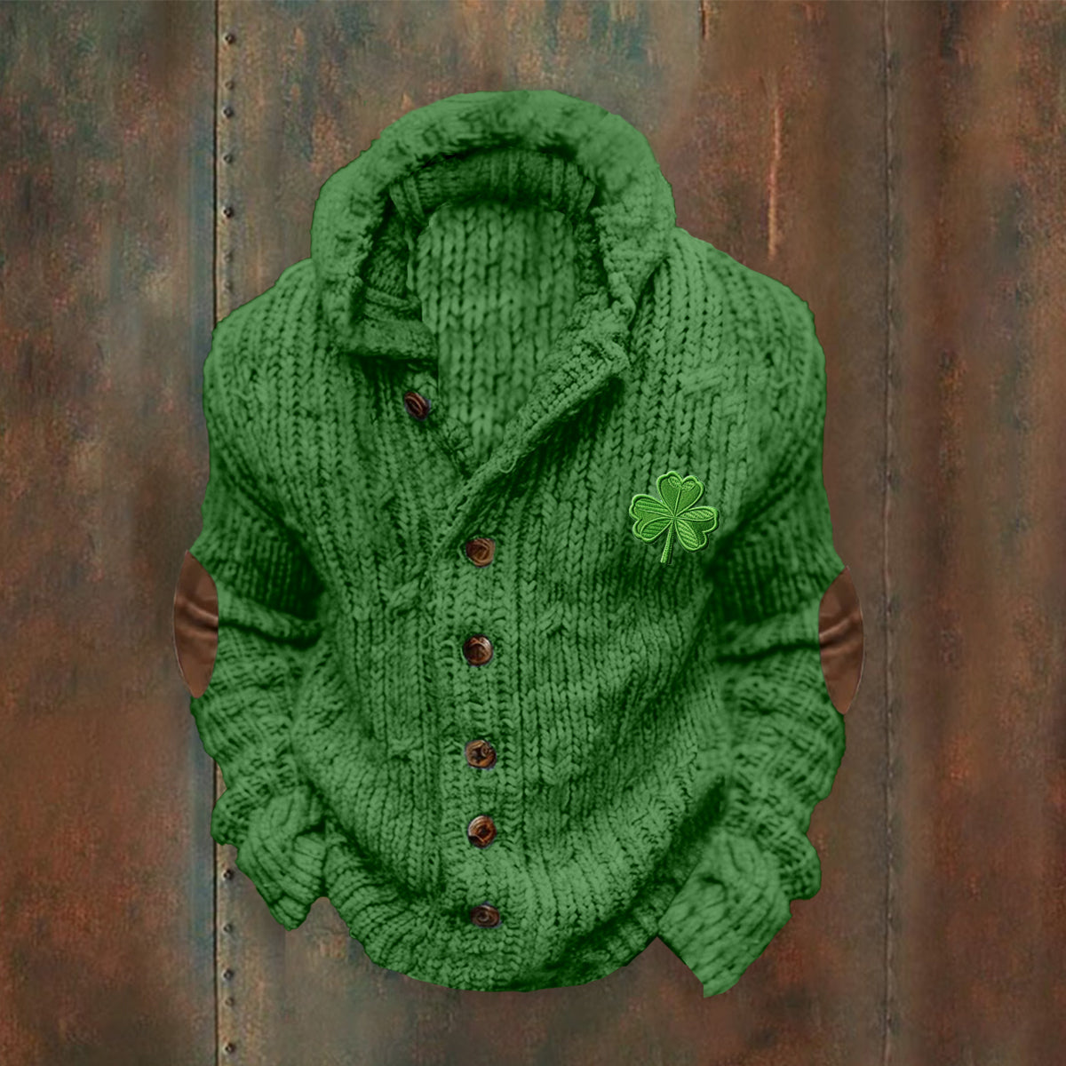 Vintage Ireland Shamrock  Embroidery Art Cable Knit Buttons Hooded Sweater artswardrobe