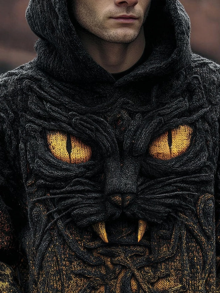 Men's Spooky Devil Black Cat Halloween Chunky Hooded Sweater elevenforest