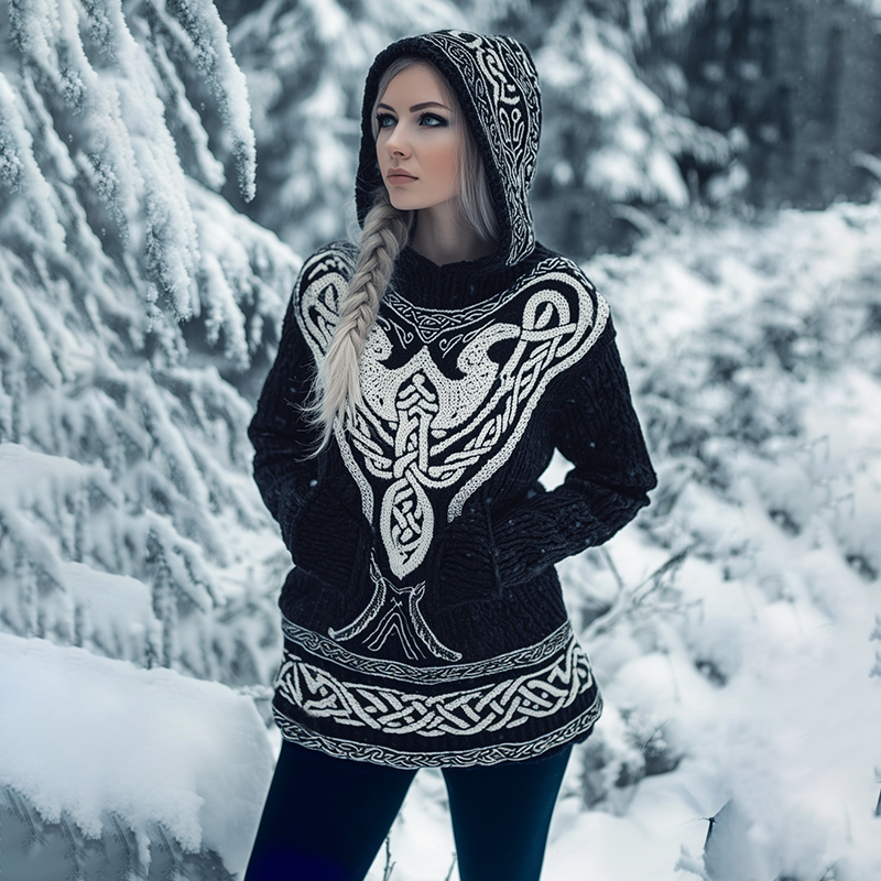 Women's Viking Tribal Celtic Chunky Knit Hooded Sweater artswardrobe