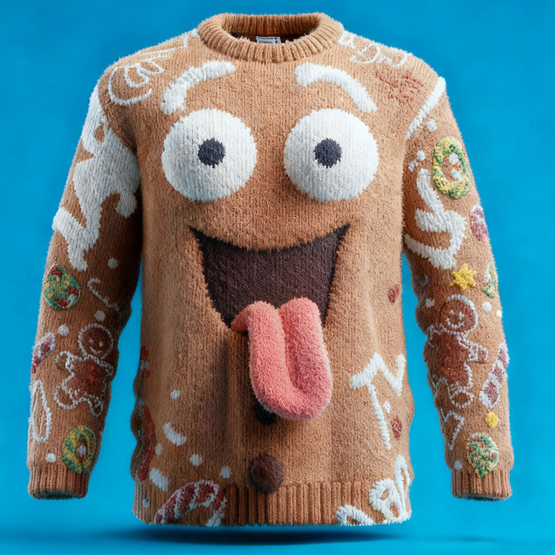Comstylish Retro Fun Gingerbread Man Cozy Ugly Christmas Sweater