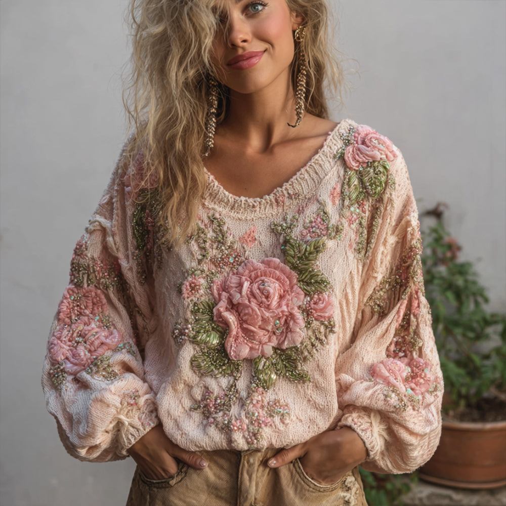 Women's Vintage Jacquard Pink Warm Round-neck Sweater artswardrobe