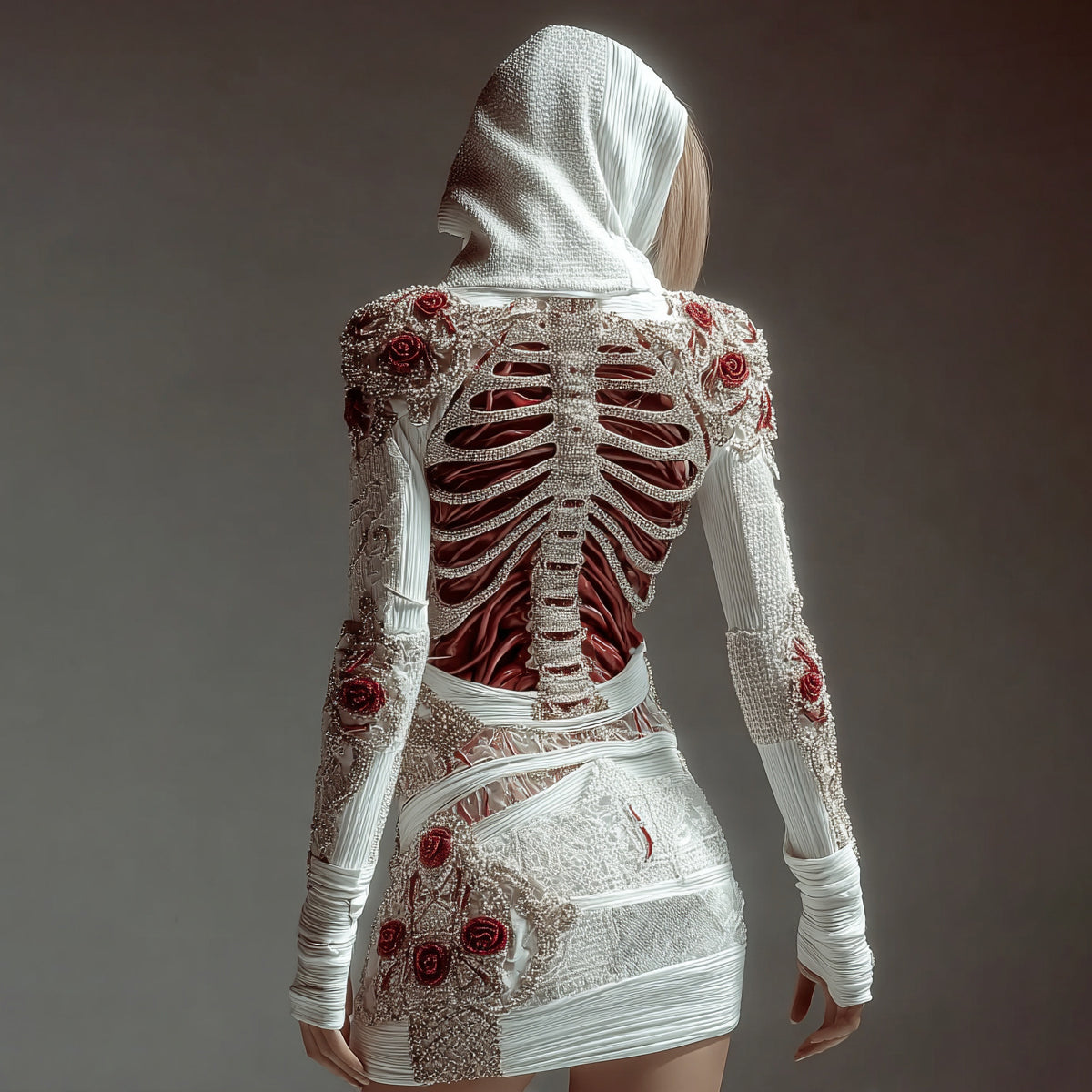 Comstylish Women's Skeleton Roses Bandages Sequins Art Cozy Knit Hooded Mini Sweater Dress