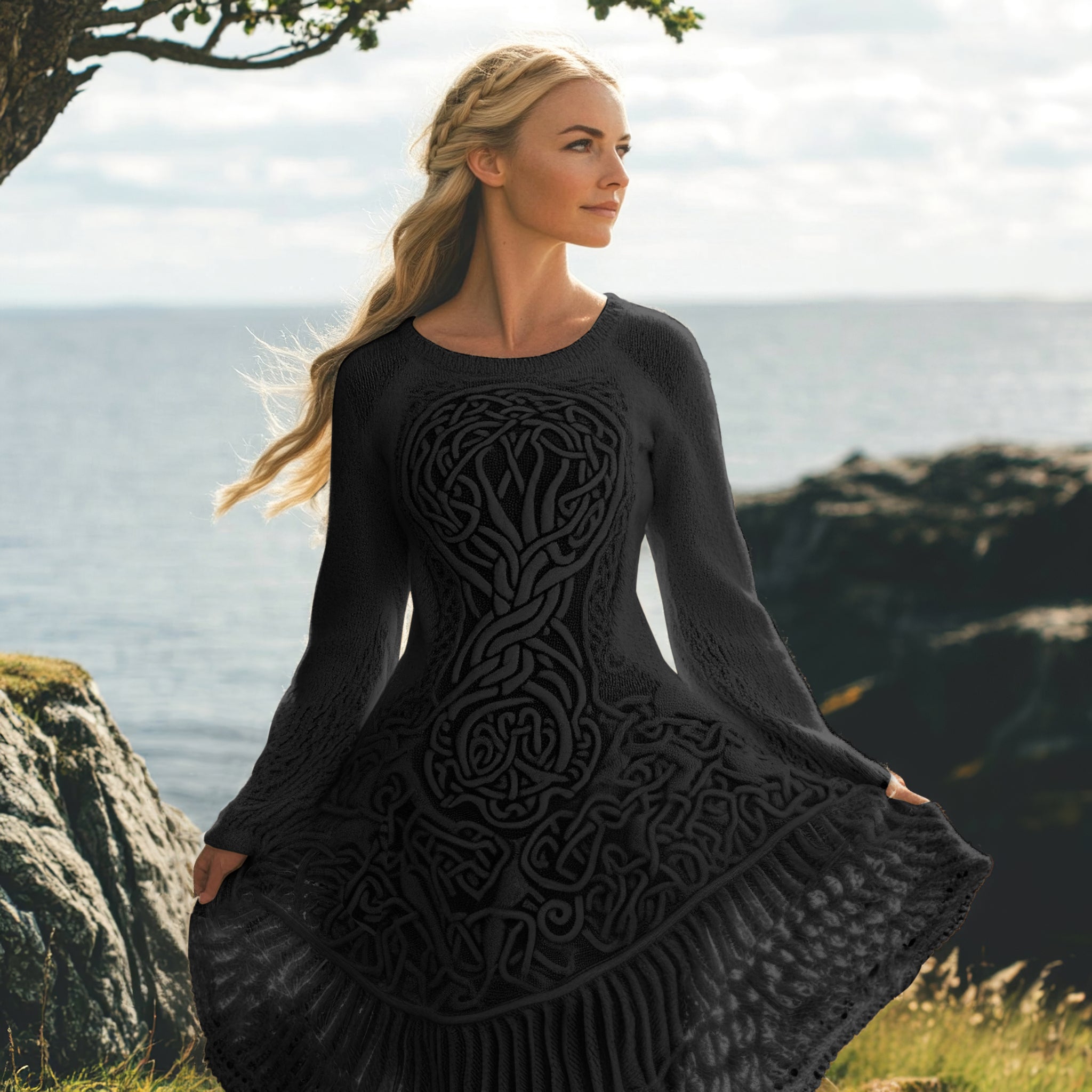 Women's Celtic Knot And Tree Of Life Long Sleeve Sweater Dress artswardrobe