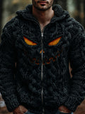 Halloween Evil Pumpkin Face Men's Chunky Knit Full Zip Hooded Sweater artswardrobe