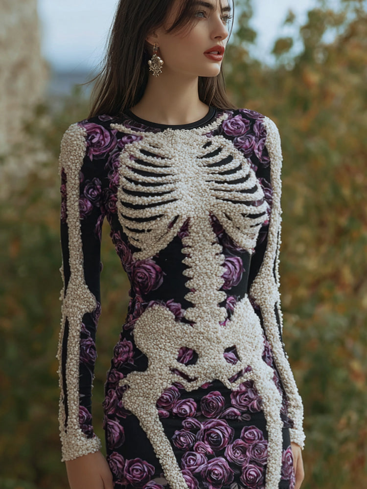 Women's Vintage Halloween Skeleton Bones With Rose Art Cozy Knit Mini Sweater Dress artswardrobe