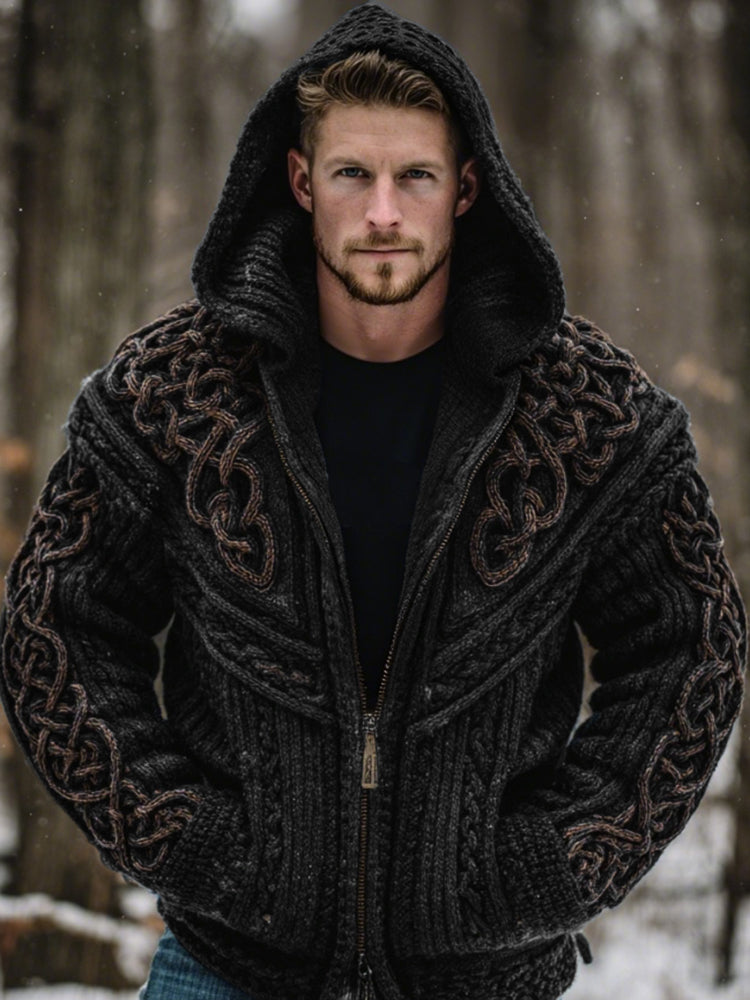 Men's Vintage Viking Celtic Knot Art Chunky Knit Hooded Zip-up Sweater artswardrobe