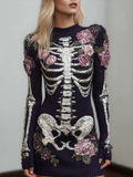 Comstylish Woman's Round-necked Knitted Sweater Dress With A Skeleton Design Combined With Plant And Flower Patterns For Halloween.