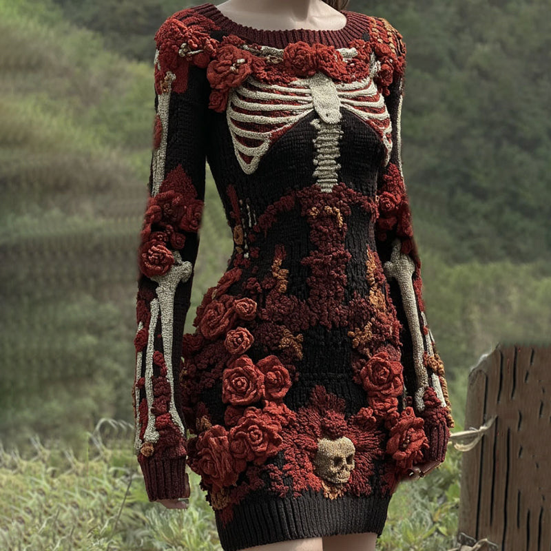 Comstylish Women's Vintage Skeleton And Rose Art Cozy Sweater Dress