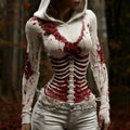Comstylish Women's Vintage Halloween Skeleton & Rose Art Hooded Sweater