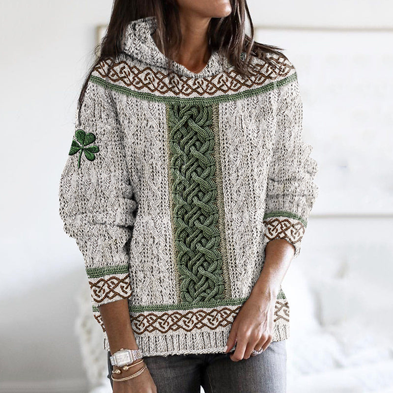 Women's Irish Celtic Knotted Shamrock Contrast Jacquard Sweater artswardrobe