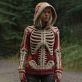 Women's Vintage Halloween Skeleton Art Knit Warm Zip Up Hooded Sweater artswardrobe