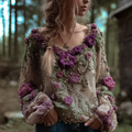 Bohemian Style Round Neck Long Sleeve 3d Purple Flower Design Women's Sweater artswardrobe