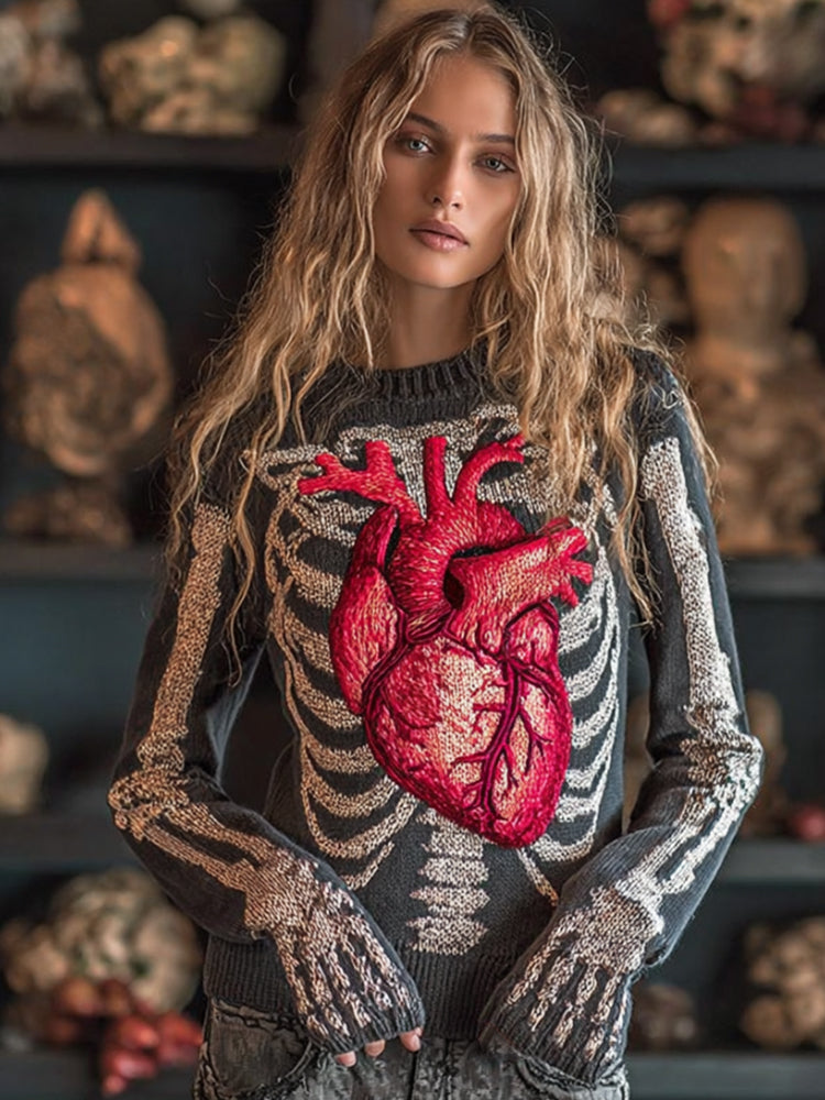 Women Halloween Human Bones Beating Red Heart Embroidery Antique Round Neck Sweater artswardrobe