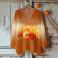 Fall Pumpkin Floral Embroidered Cozy Knit V-Neck Sweater artswardrobe